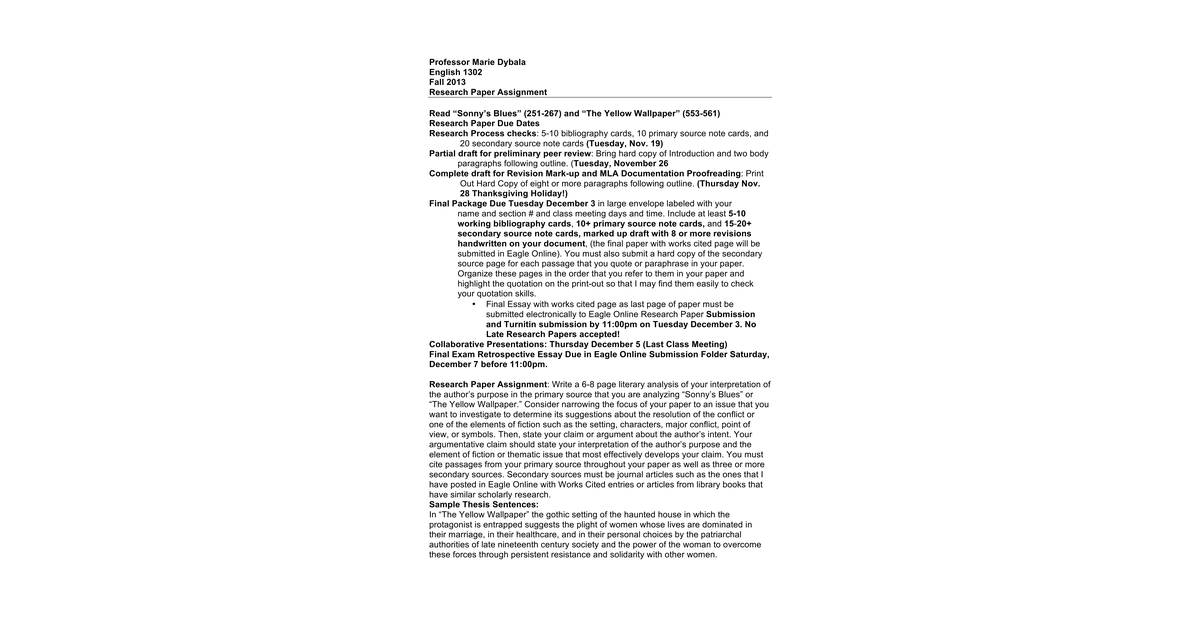 Research Paper Assignment Due Dates